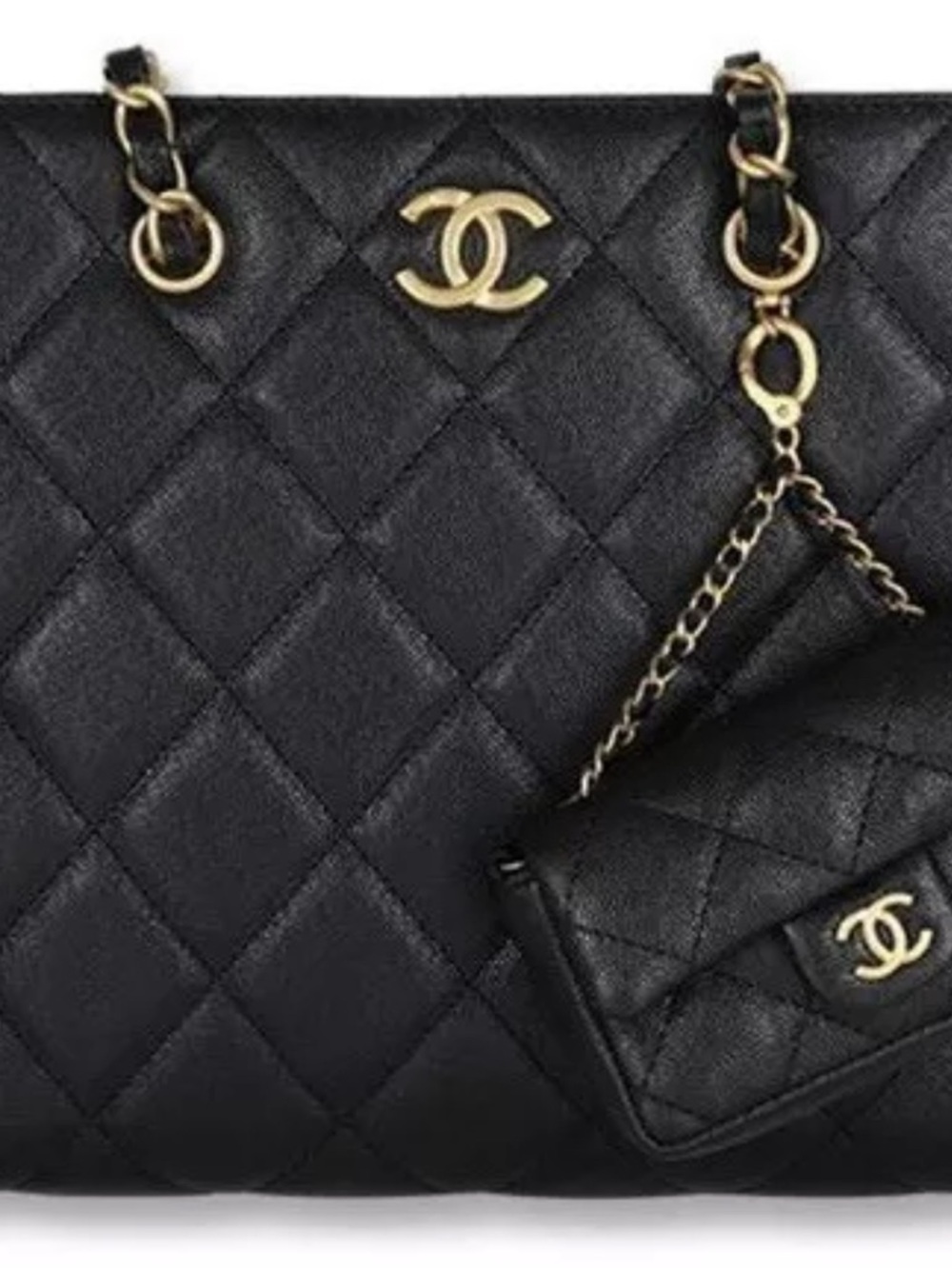 CHANEL Black Caviar Leather Tote with Gold HDW & Chain Strap Mini bag Charm